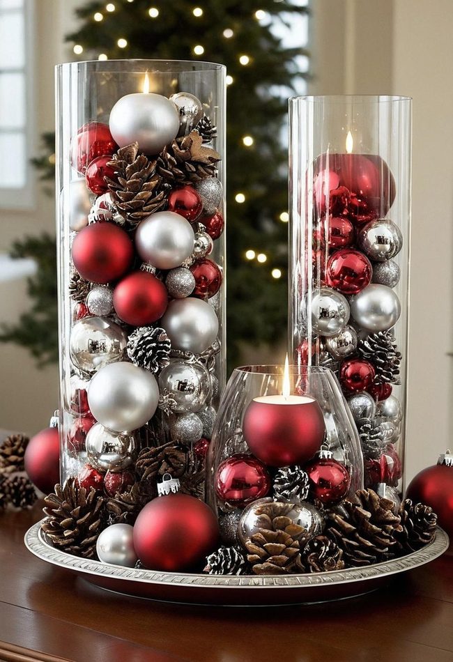 Layered Ornaments In Glass Vases