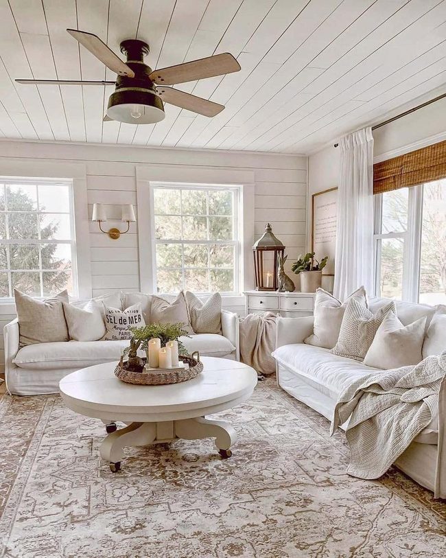 White Shiplap Living Room With Wicker Accents