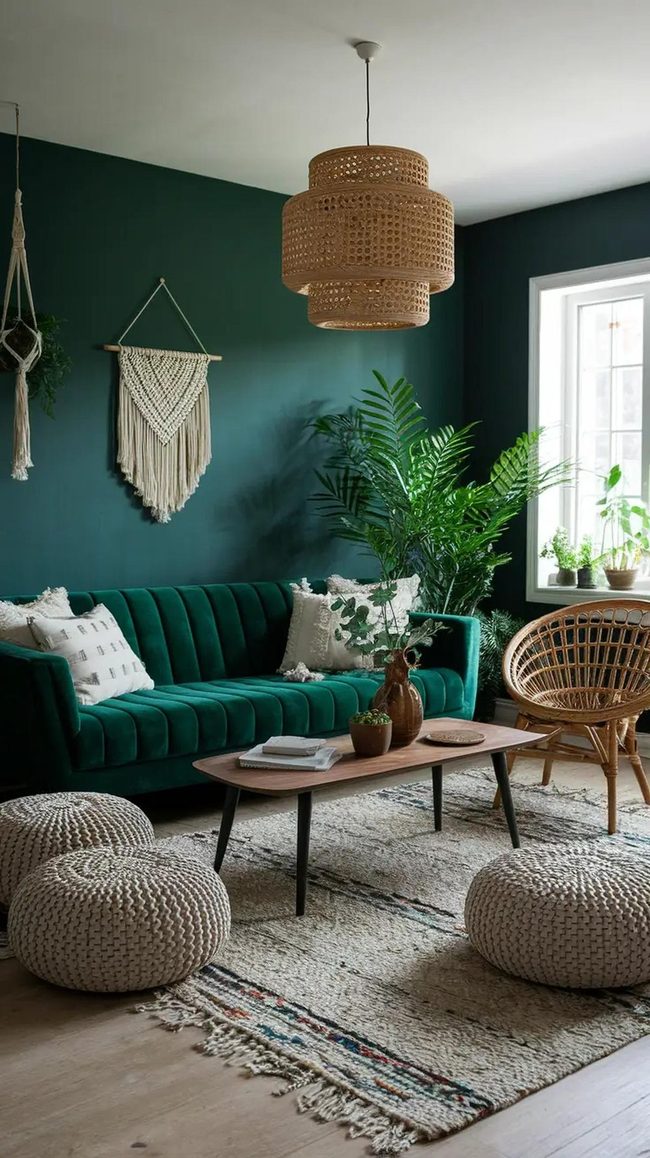 Dark Green Boho Living Room With Plants