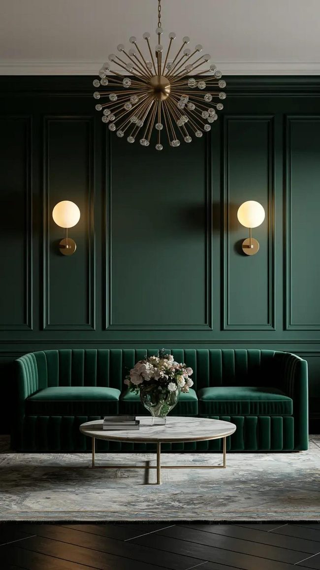 Brass Chandelier Illuminates Deep Green Space