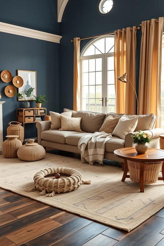 Navy Walls, Beige Warmth, Earthy Layers
