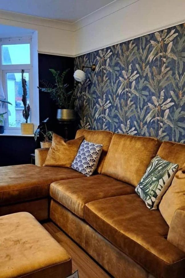Gold Velvet Sofa With Botanical Wall Pattern