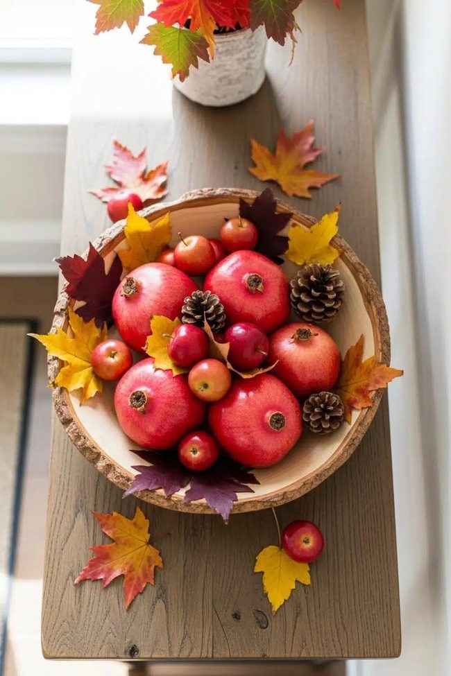 Red Pomegranates In Wooden Bowl