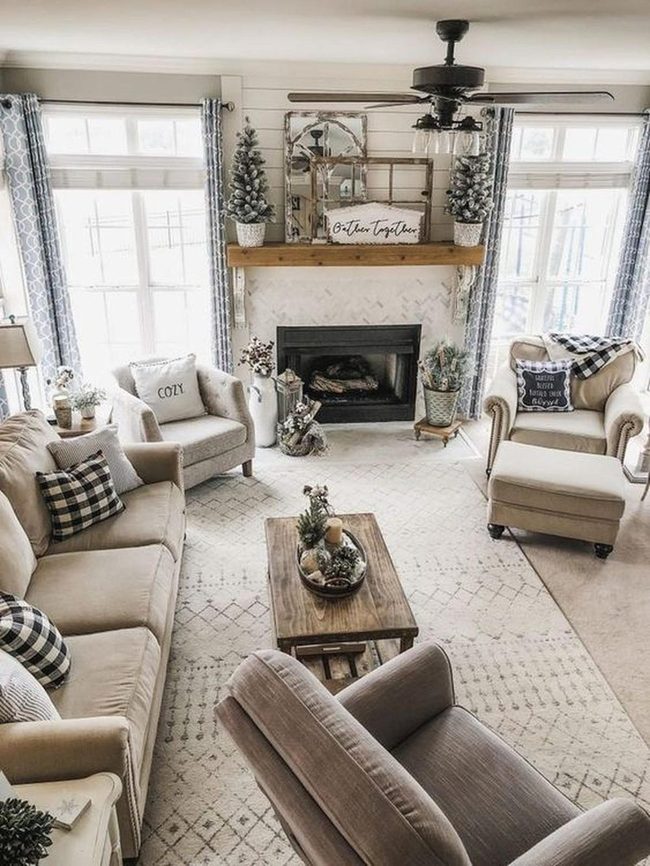 Wooden Table, Blue Windows, Fireplace Warmth