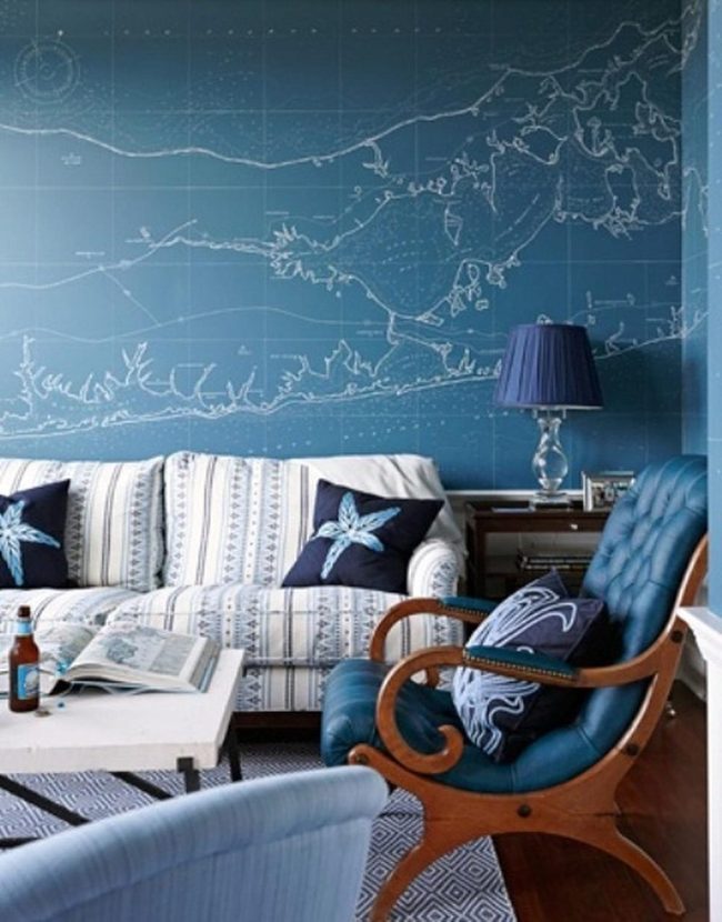 Blue Coastal Living With Map Wall