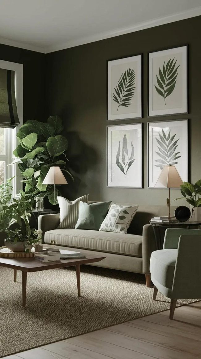 Dark Green Walls With Sage Velvet Comfort