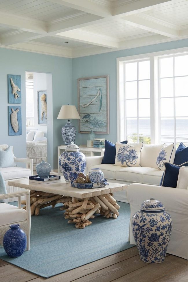 Blue and White Coastal Sitting Room