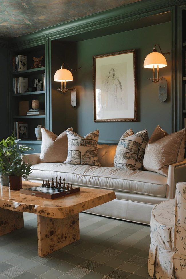 Deep Green Walls With Geometric Patterned Rugs