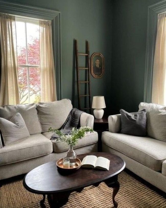 Dark Green Walls With Beige Comfort