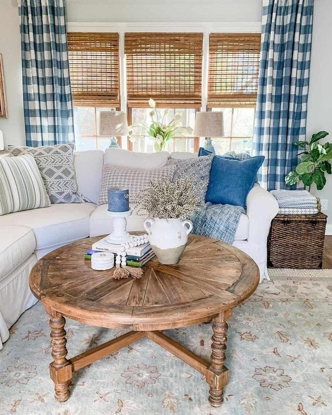 Weathered Wood Table Brown And Blue Living Room