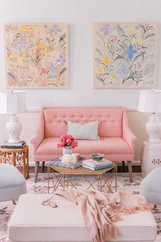 Pink Sofa Anchors Cheerful Living Room
