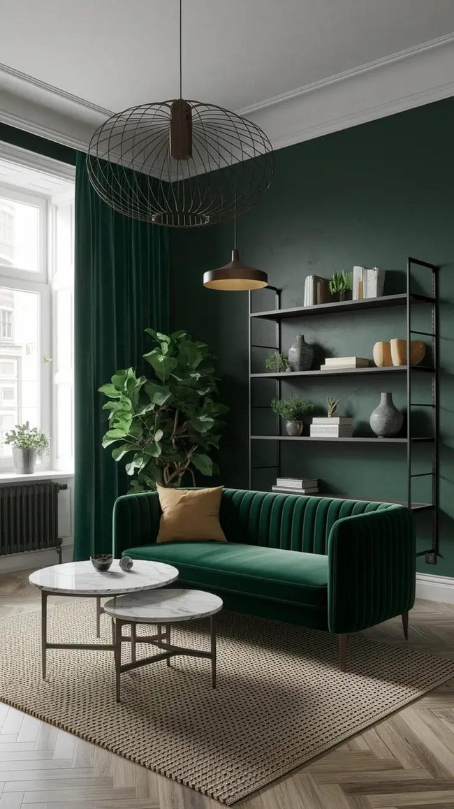 Dark Green Wall Maximizes Compact Living Space