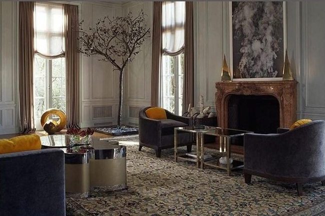Sculptural Tree With Warm Stone Fireplace