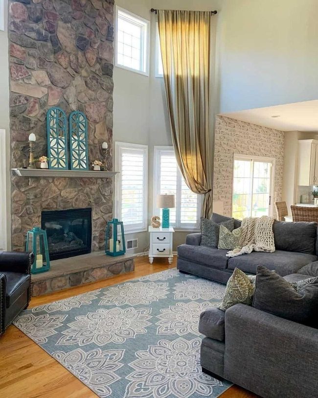 Stone Fireplace With Green Farmhouse Accents