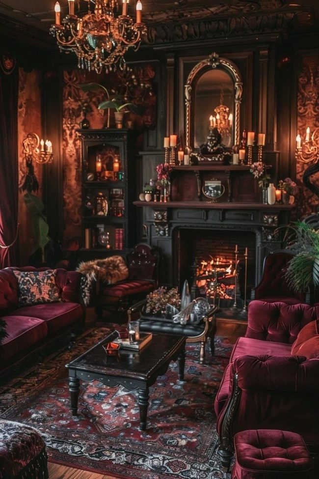 Dark Velvet Room with Ornate Fireplace