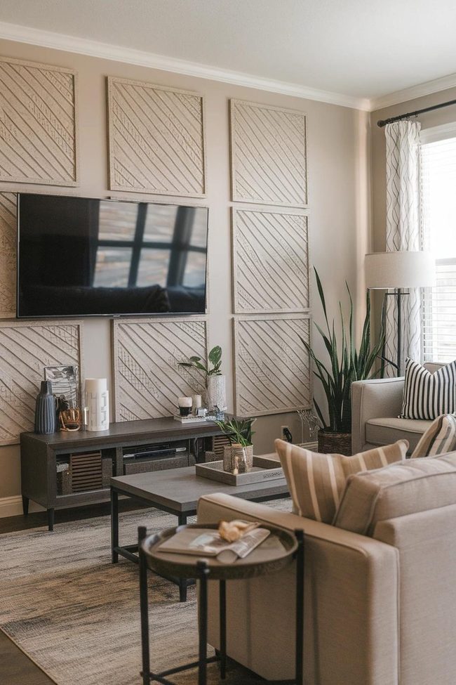 Dimensional Teak Panels Behind Television