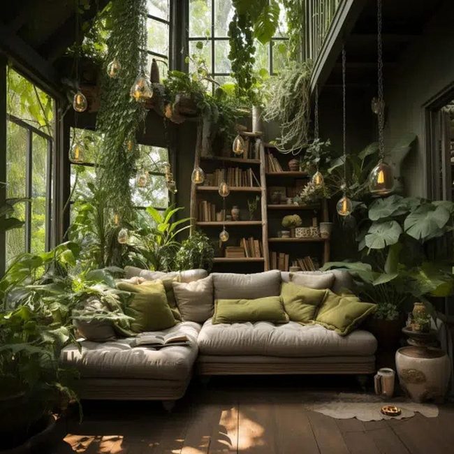 Cream Sofa With Lush Greenery