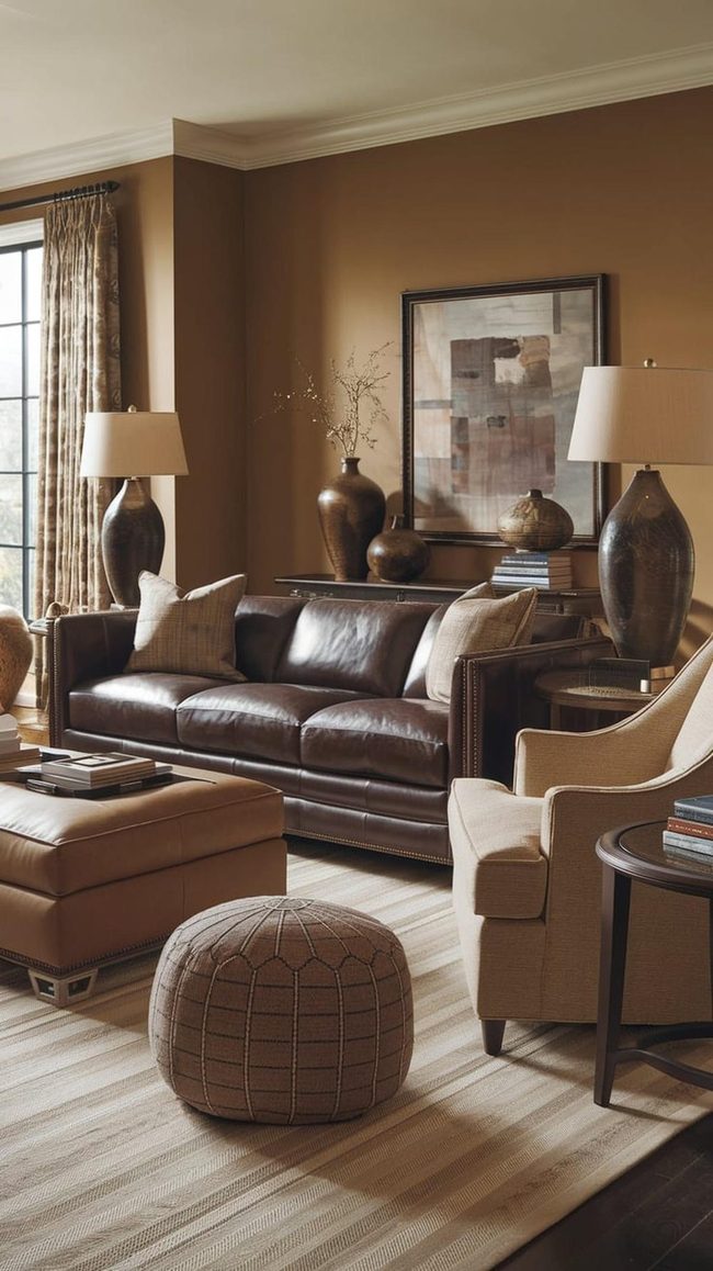 Brown Leather Green Accents Living Room