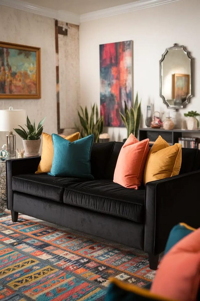 Black Sofa Pops Jewel Tones