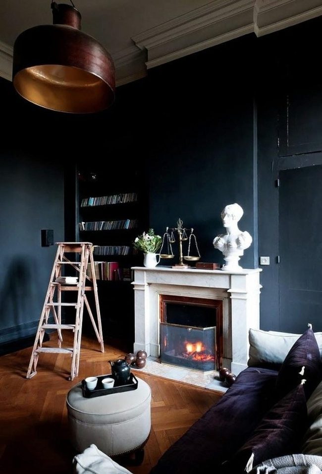 Black Walls White Marble Fireplace