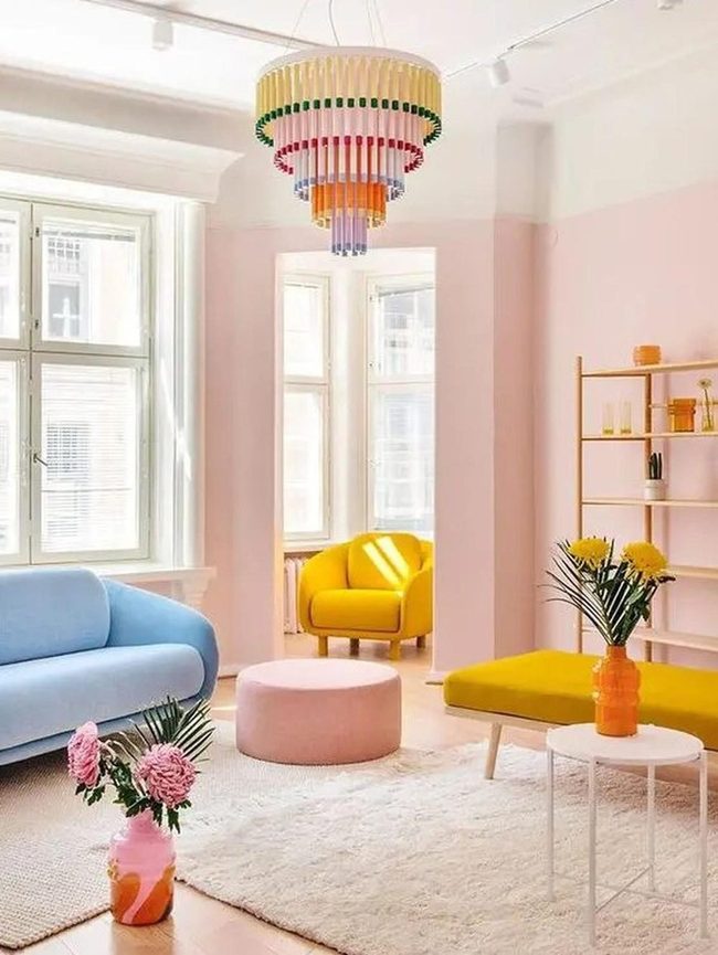 Pink Walls Meet Sculptural Chandelier