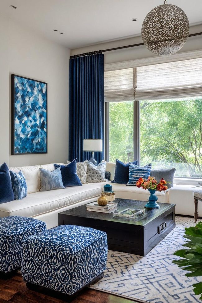 White And Navy Layered Window Treatments