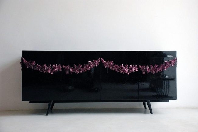 Glossy Black Cabinet With Purple Florals
