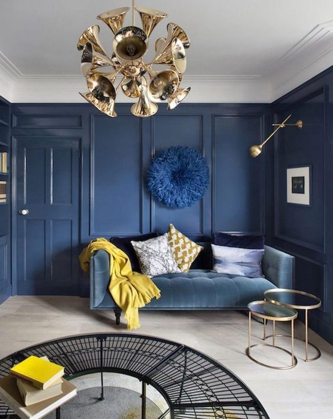 Blue Walls Brass Chandeliers Gold Accents