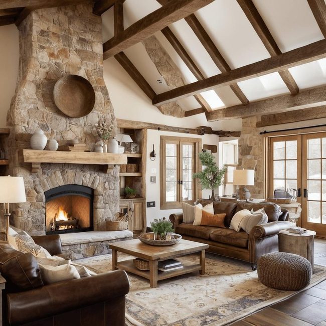 Nature-Inspired Stone Fireplace Lounge