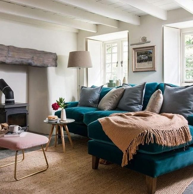 Red Flowers, Teal Couches, Gold Details