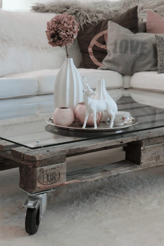 Glass-Topped Pallet Table On Wheels