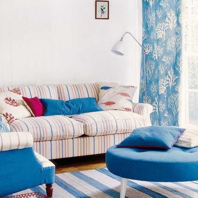 Blue Striped Coastal Living Room