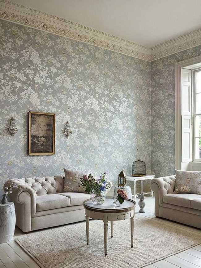 Light Blue Floral Walls With Cream Sofas