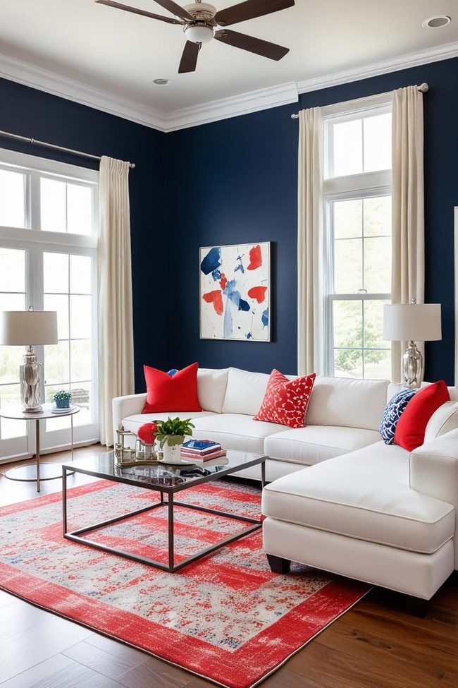 Navy Blue, Red, and Star Pattern Sitting Area