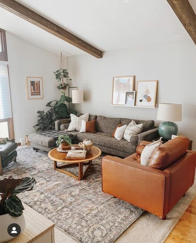 Wooden Beams, Gray Sectional, Earthy Warmth