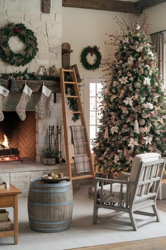 Stone Fireplace and Frosted Evergreen