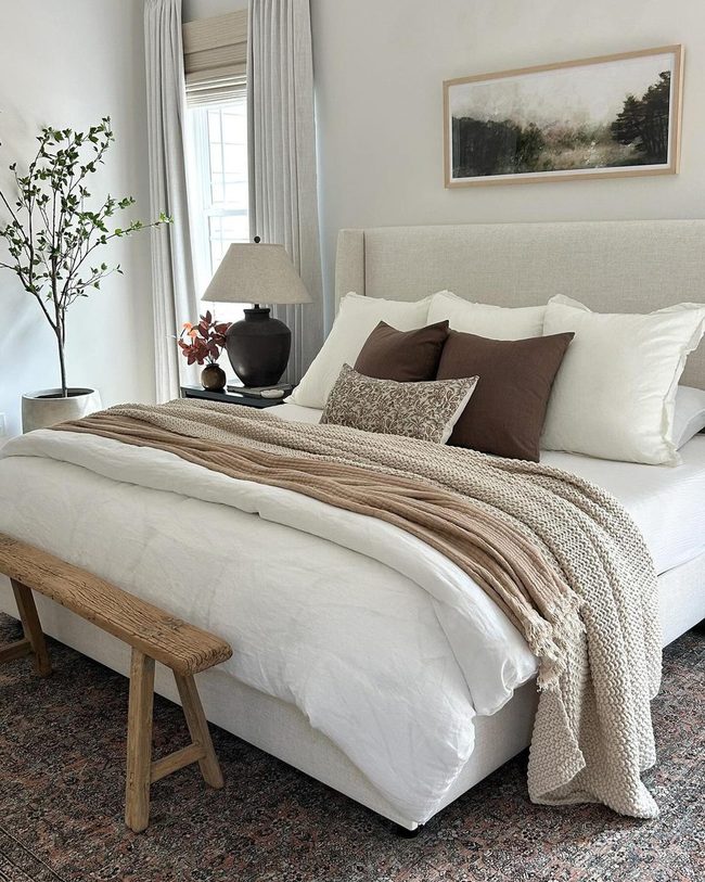 Wooden Bench Anchors Neutral Bedroom