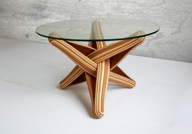 Curved Wood Base Transparent Glass Top