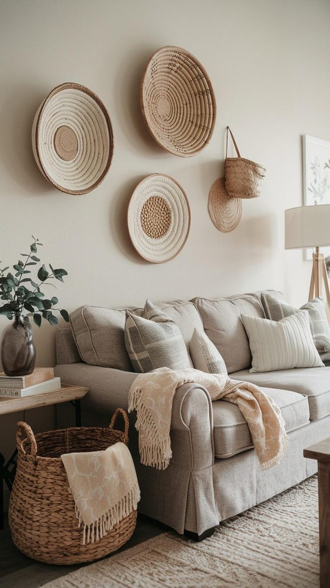 Beige Rattan Baskets Wall Display