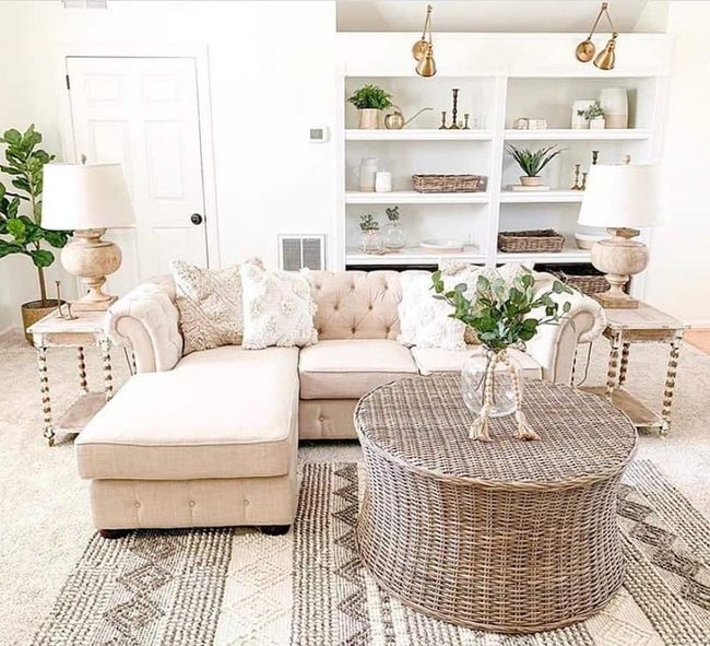 Beige Tufted Sectional With Wicker Accents