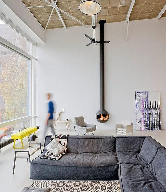 Dark Gray Sectional, Modern Black Fireplace