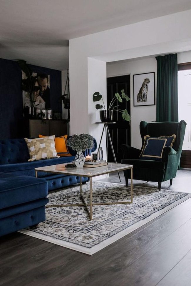 Dark Blue And Gold Living Room