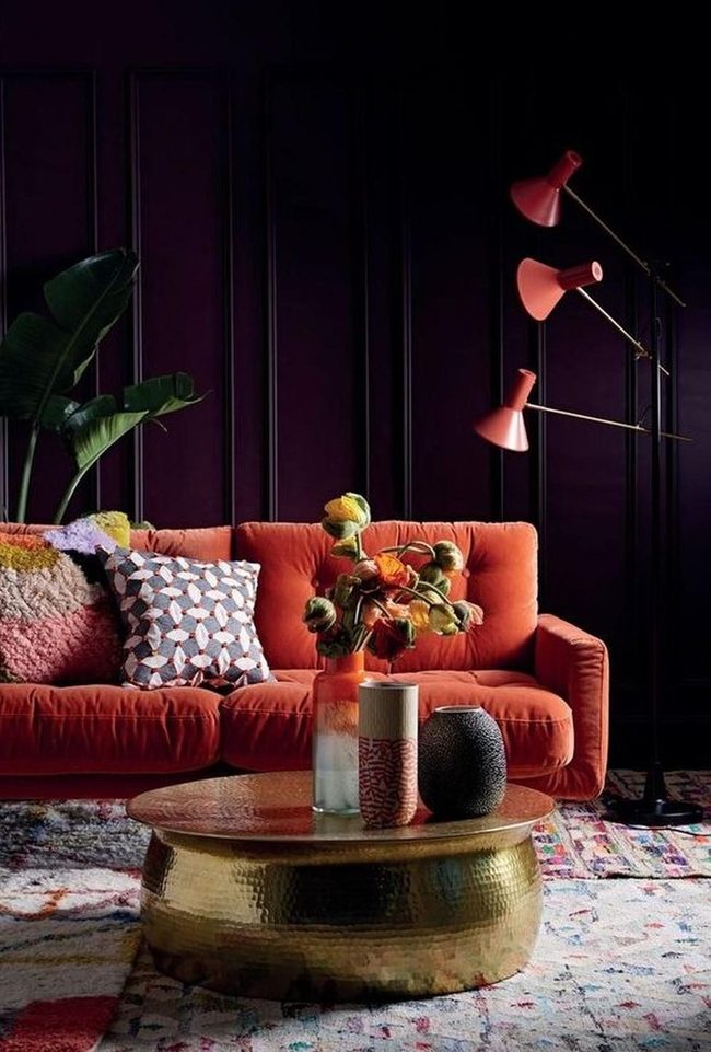 Purple Walls Orange Couch Gold Table