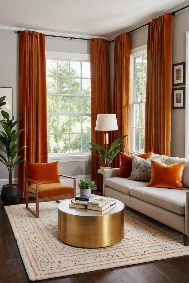 Burnt Orange Velvet Floor-Length Curtains