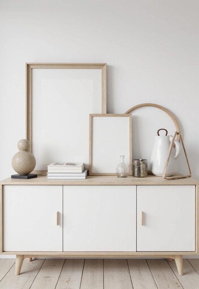 Leaning Frames On Shelves With Layered Light
