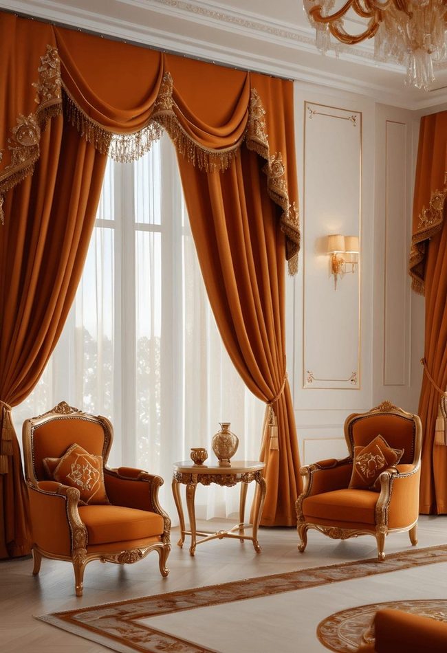 Burnt Orange Embroidered Luxury Curtains