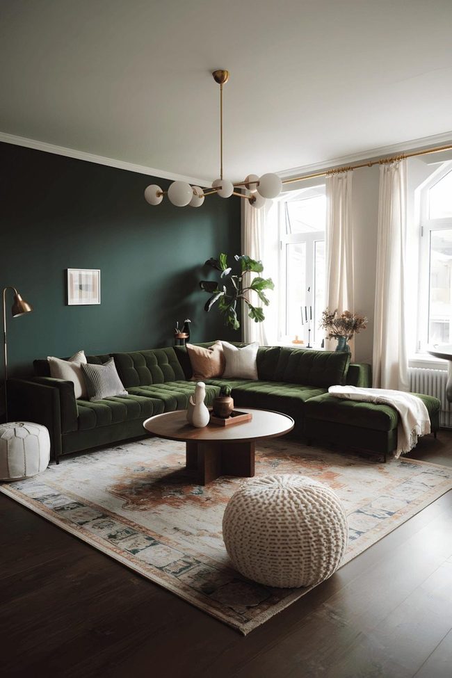 Emerald Sectional With Gold Chandelier Elegance