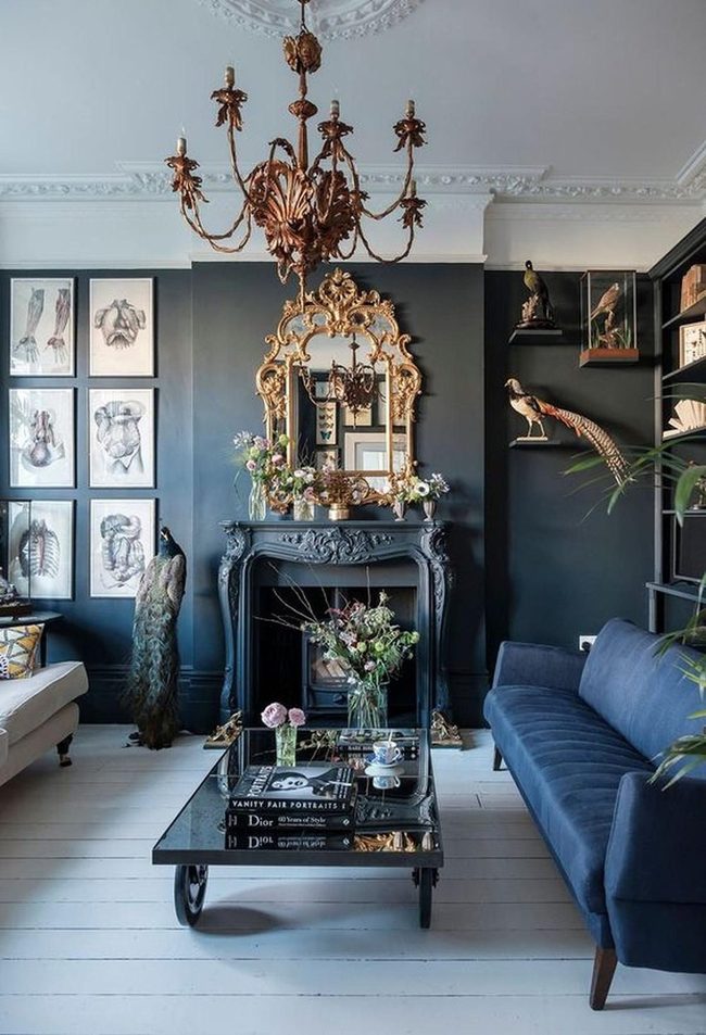Dark Walls Blue Sofa Gold Luxury