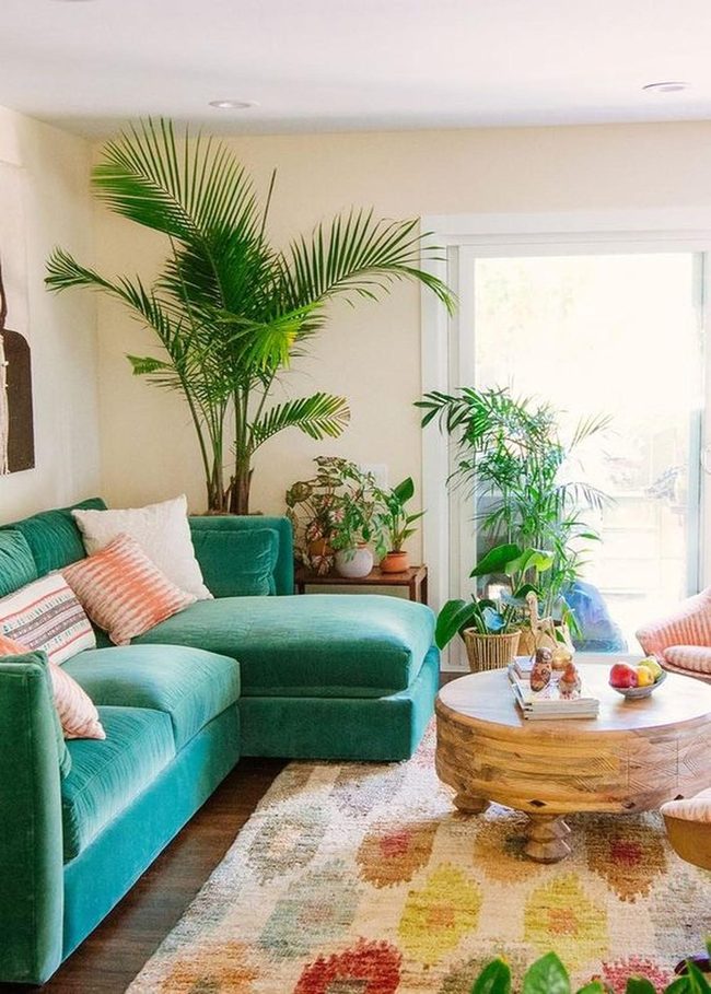 Deep Green Velvet Sofa Sunlit Room