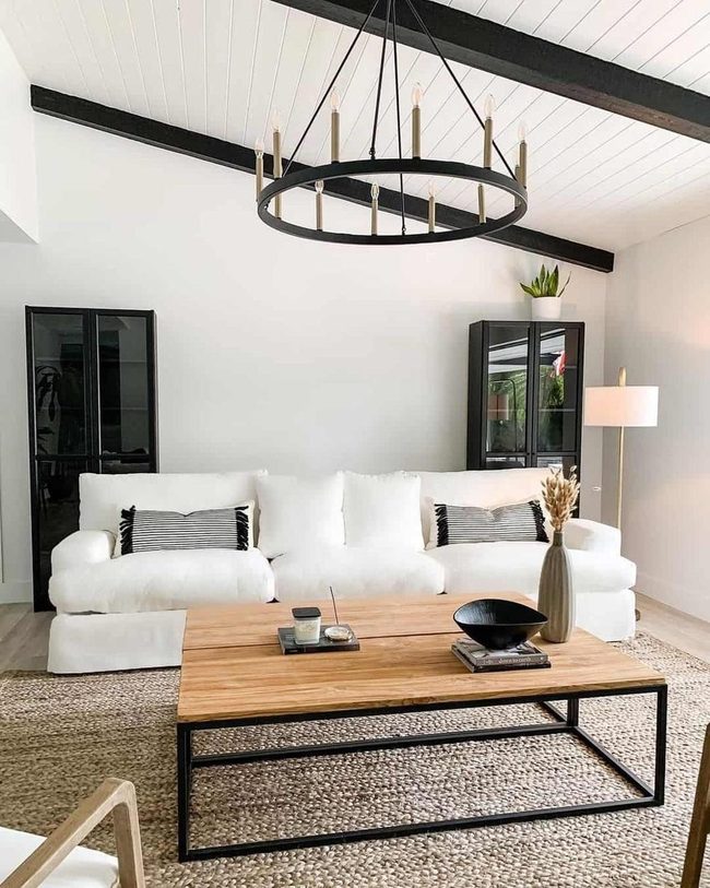 Black Cabinets White Sofa Brass Light
